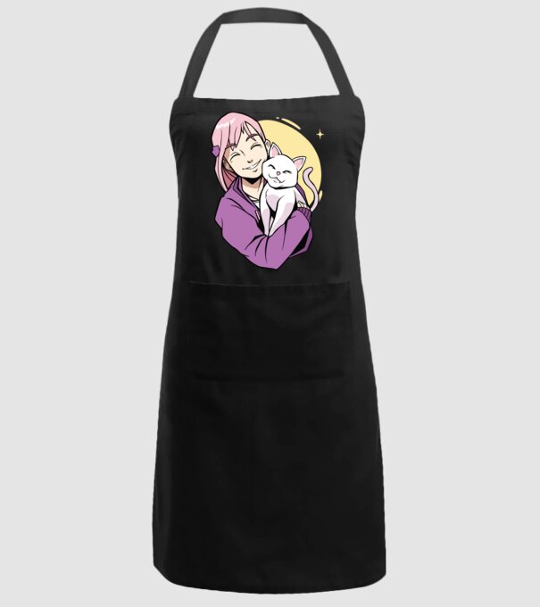 Anime fată cu pisică model negru pe tricou