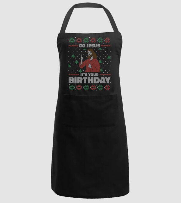 'Go Jesus, It''s Your Birthday Ugly Sweater' model negru pe tricou