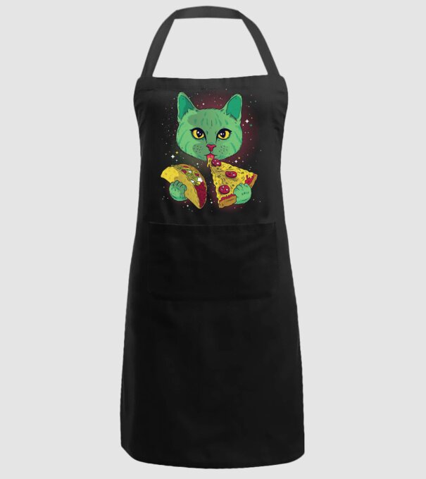 Pisică Cosmică Pizza și Taco model negru pe tricou