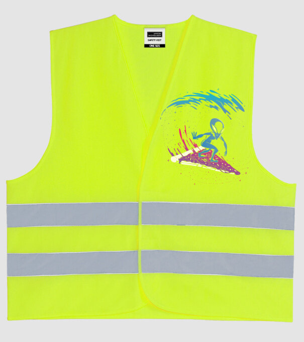 Alien Pizza Surf tricou amuzant model galben neon pe tricou