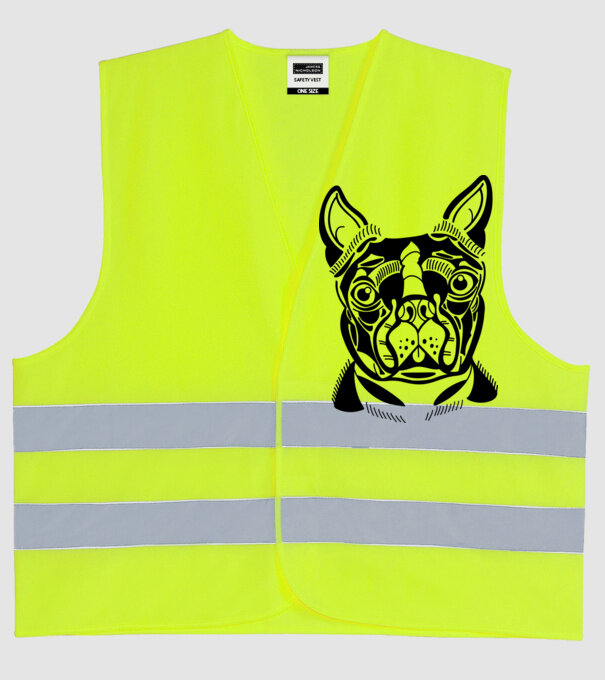 Câine Boston Terrier model galben neon pe tricou