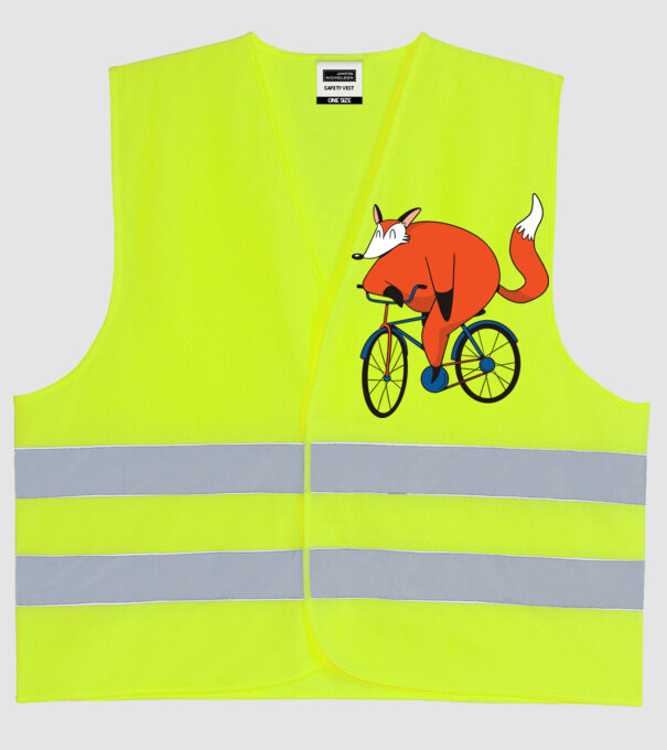 Vulpe cu bicicletă model galben neon pe tricou