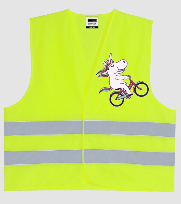 unicorn cu bicicletă model galben neon pe tricou
