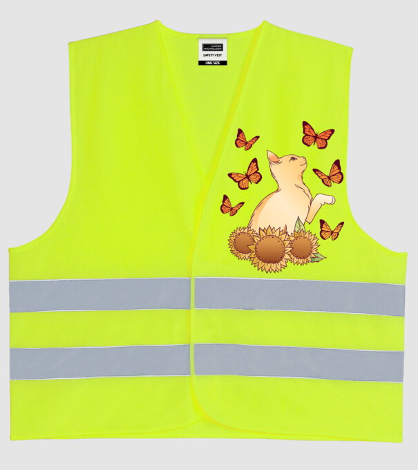 Pisică cu fluturi model galben neon pe tricou