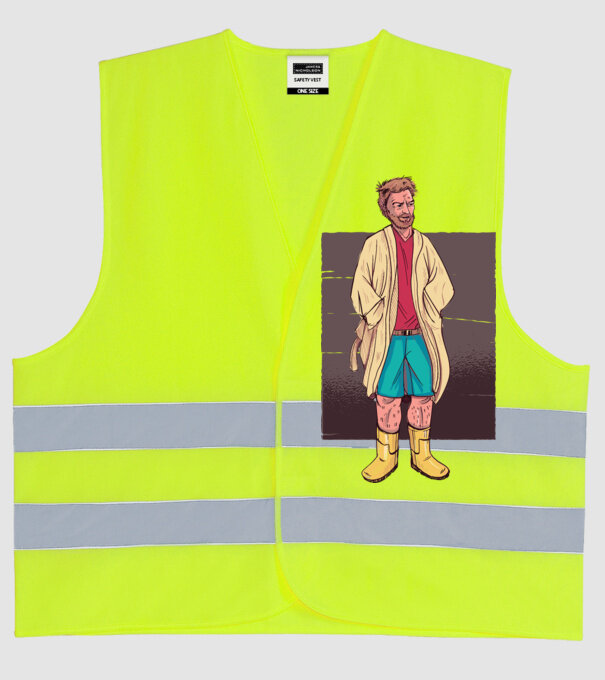 Bărbat în halat model galben neon pe tricou