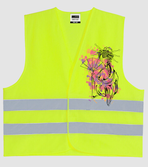 Geisha cu evantai model galben neon pe tricou