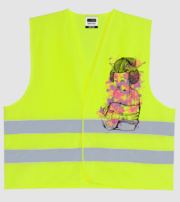 Geisha colorată model galben neon pe tricou