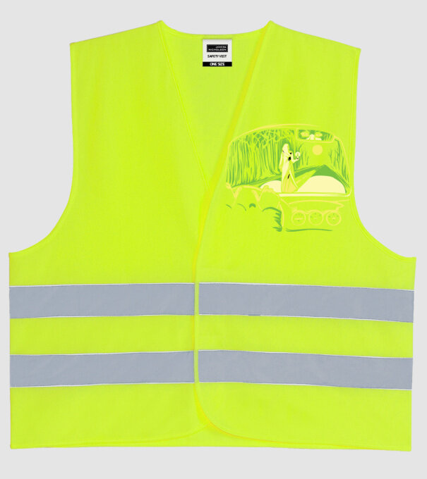 Femeie sperietoare pe drum model galben neon pe tricou