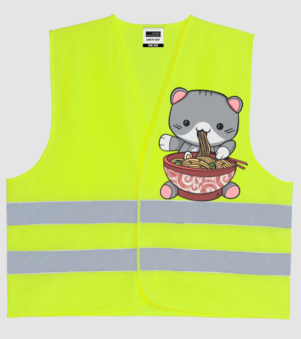 Pisică Kawaii Ramen model galben neon pe tricou