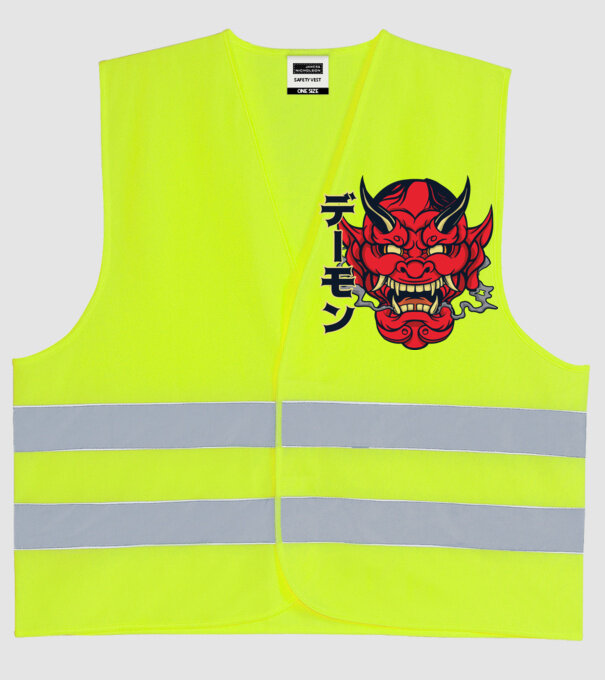 Mască demon chinez model galben neon pe tricou
