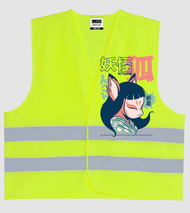 Kitsune Yokai Anime model galben neon pe tricou