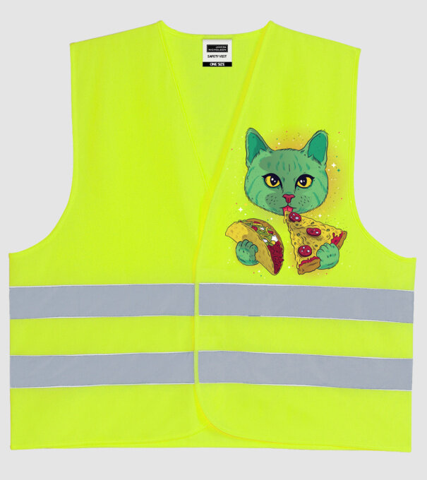 Pisică Cosmică Pizza și Taco model galben neon pe tricou