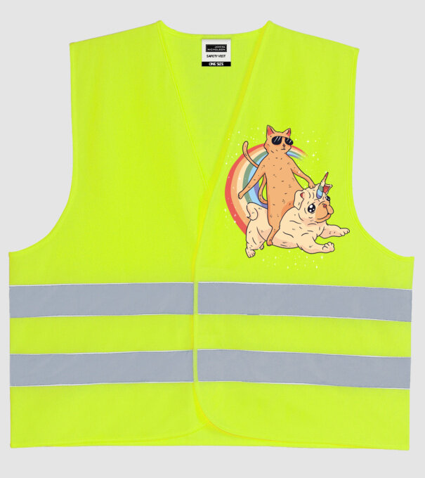 Pisică și Mops unicorn model galben neon pe tricou
