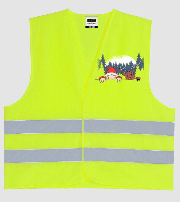 Moș Crăciun și Rudolf trag cu ochiul model galben neon pe tricou