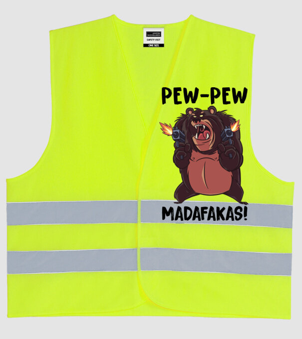 Pew Pew Pew Madafakas Urs alb model galben neon pe tricou