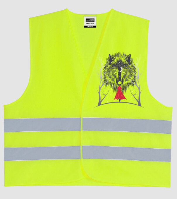 Scufița Roșie și Lupul noaptea tricou model galben neon pe tricou