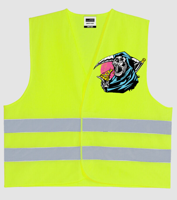 Om cu coasă și pizza model galben neon pe tricou