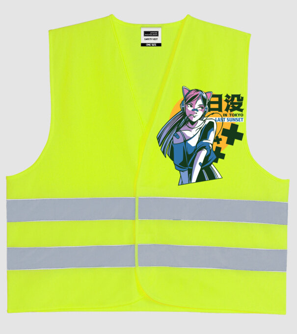 Fată Anime Sunset Tokyo model galben neon pe tricou
