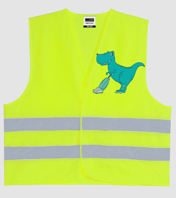 T-rex făcând curățenie model galben neon pe tricou