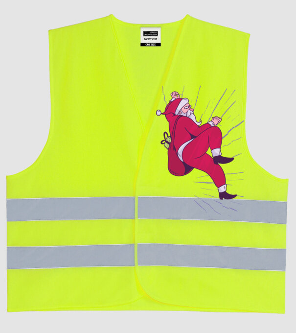 Moș Crăciun se cațără cu cadouri - tricou Crăciun model galben neon pe tricou