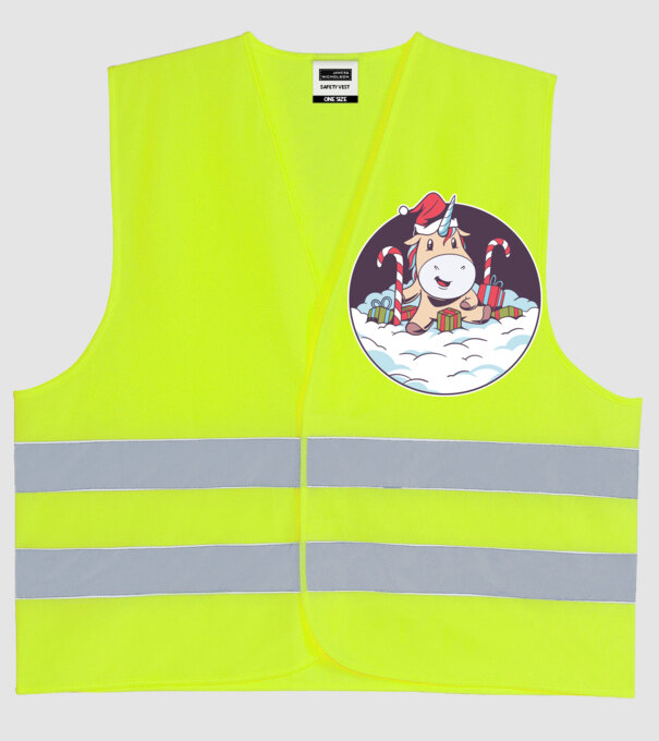 Unicorn Moș Crăciun cu cadouri model galben neon pe tricou