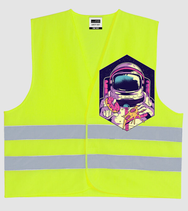 Astronaut Gogoașă și Pizza model galben neon pe tricou