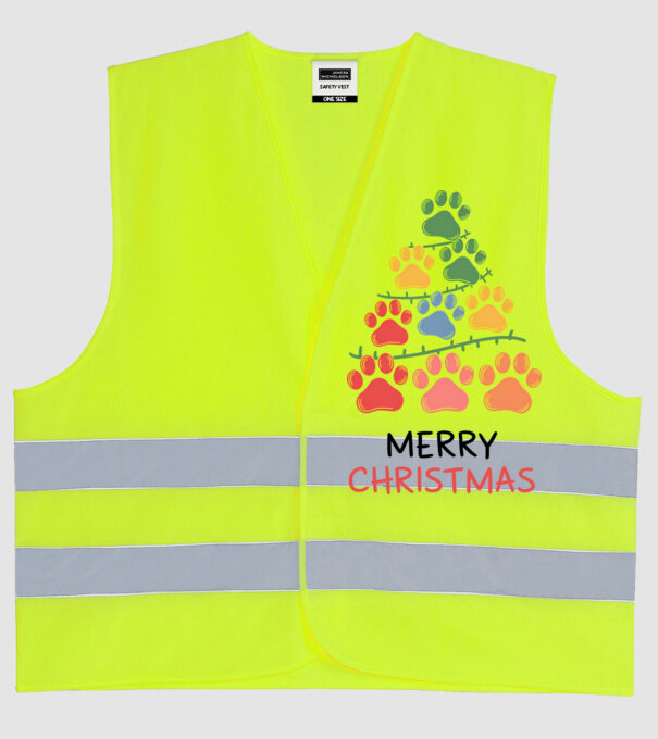 Merry Christmas Paws Alb model galben neon pe tricou