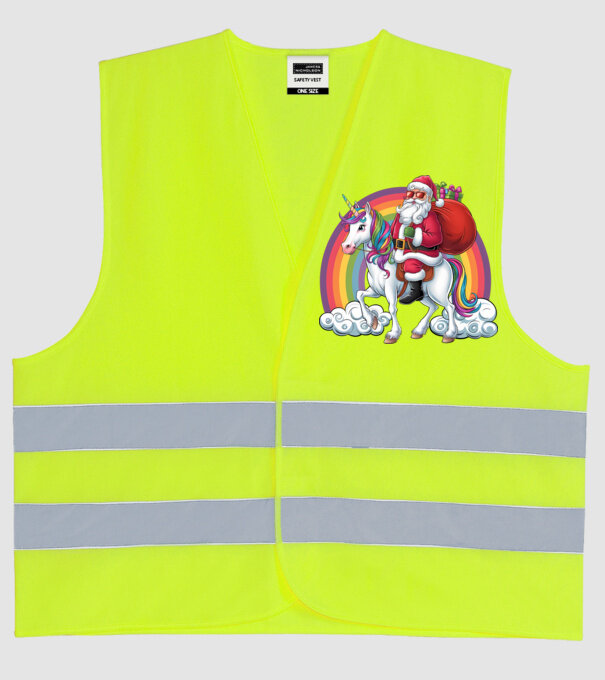 Moș Crăciun cool pe un unicorn 2 model galben neon pe tricou