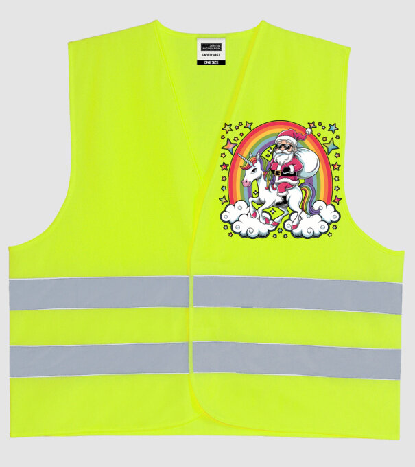 Moș Crăciun cool pe un unicorn model galben neon pe tricou