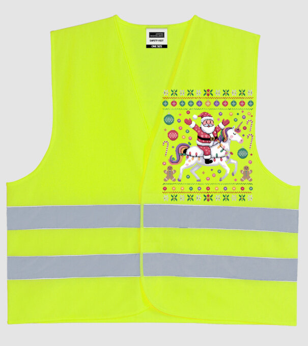 Moș Crăciun pe un pulover urât unicorn model galben neon pe tricou