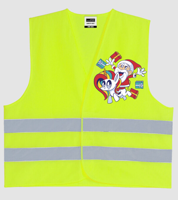 Moș Crăciun pe un unicorn model galben neon pe tricou
