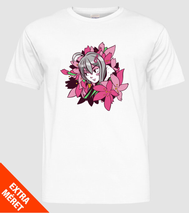 Anime fată printre flori model alb pe tricou