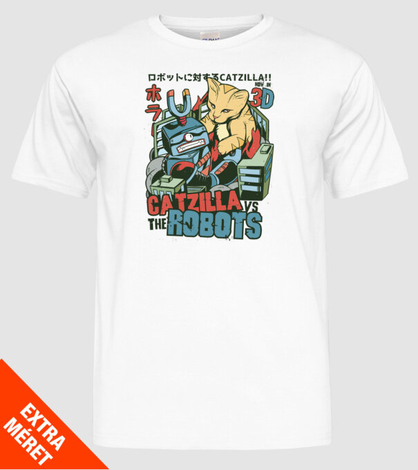 Catzilla Vs Robots model alb pe tricou