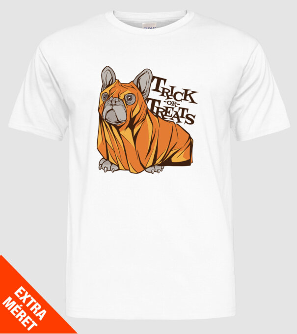 Trick or Treat Mops Halloween model alb pe tricou