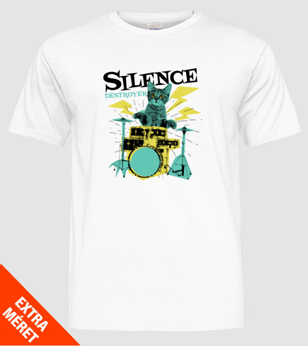 Pisică Baterist - Silence Destroyer model alb pe tricou