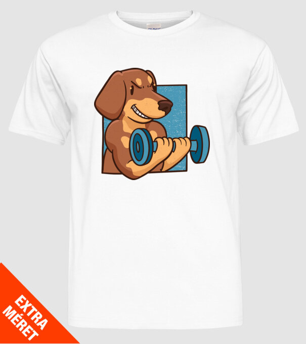Teckel body builder model alb pe tricou