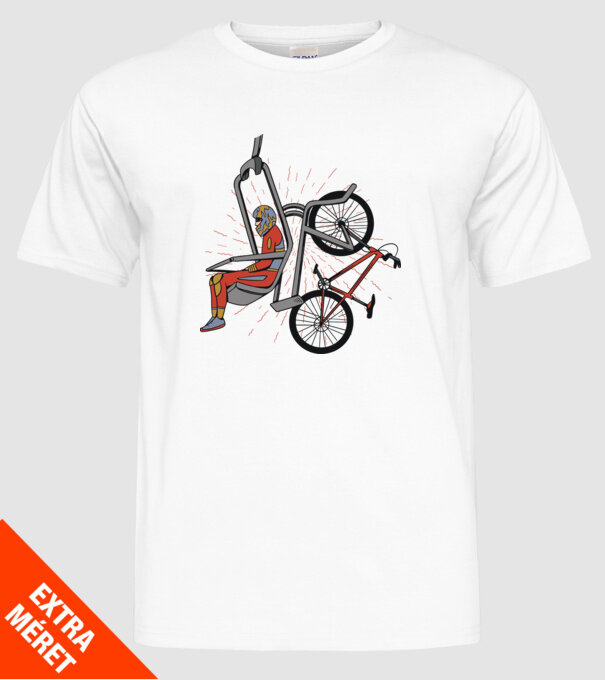 Biciclist montain bike pe teleferic model alb pe tricou