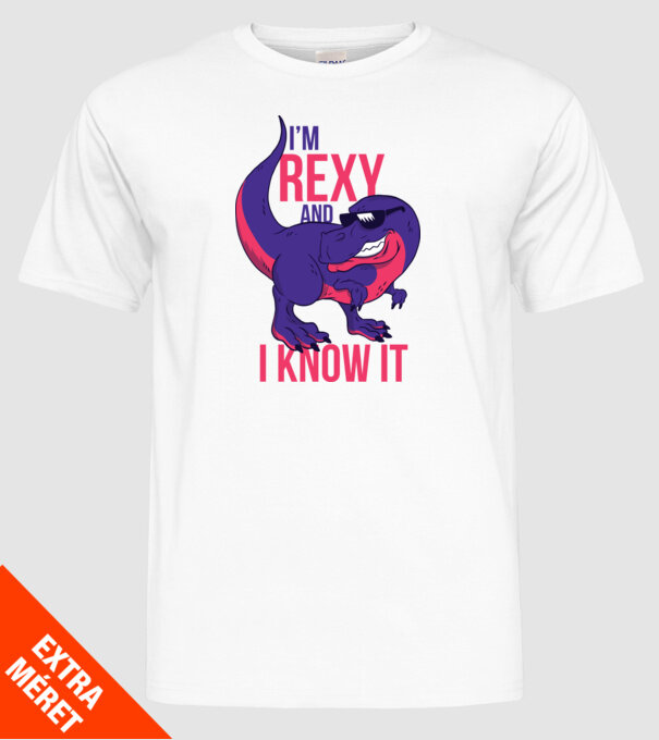 'I''m Rexy and I know it - tricou dinozaur amuzant' model alb pe tricou