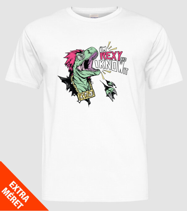 'I''m Rexy and I know it - tricou dinozaur amuzant' model alb pe tricou