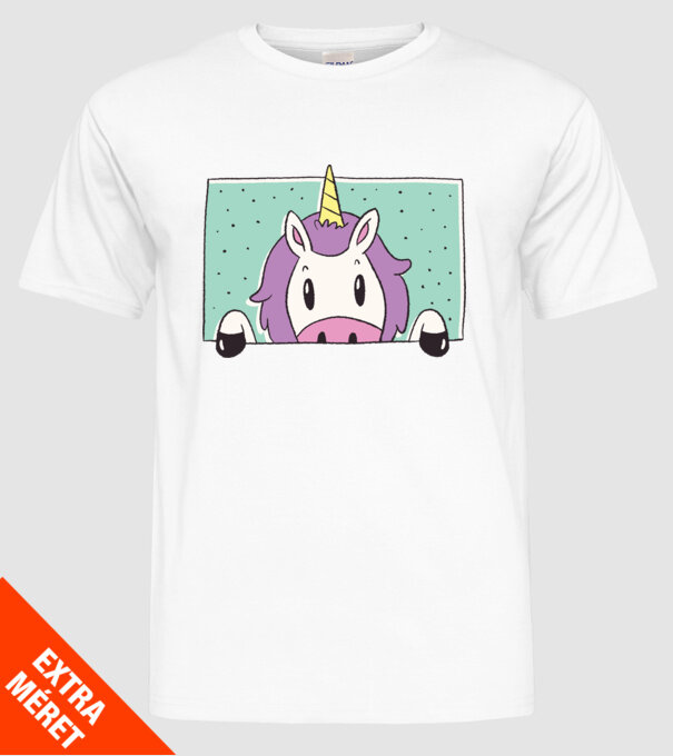 Unicorn curios model alb pe tricou