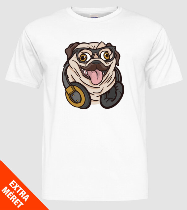 Mops cu căști model alb pe tricou