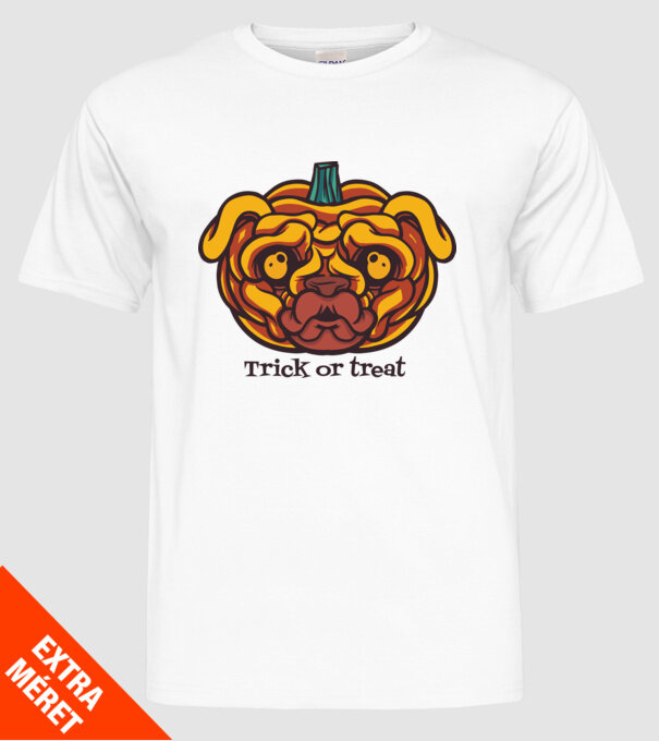 Mops cap de dovleac Halloween model alb pe tricou