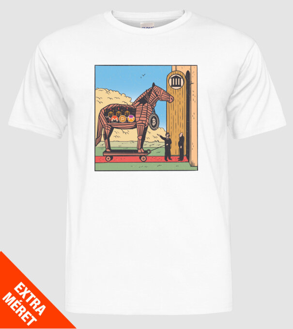 Cal troian Bitcoin model alb pe tricou