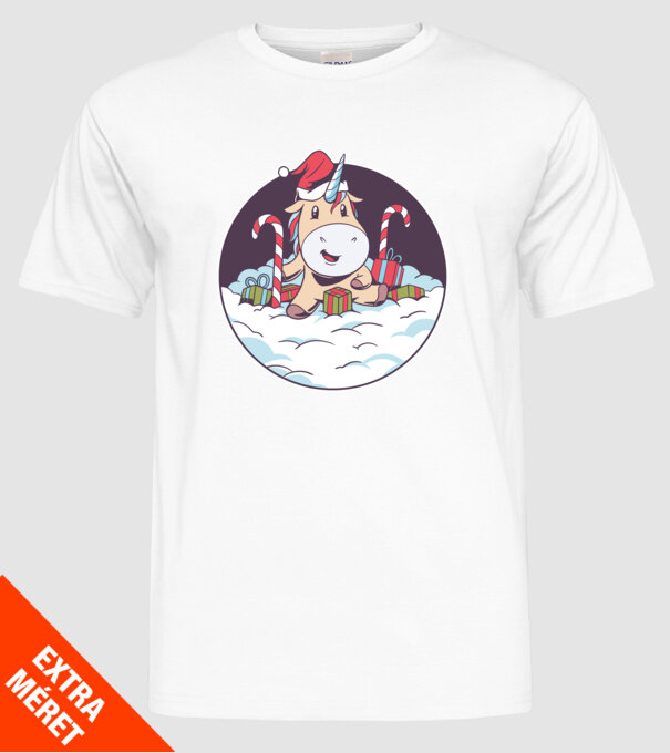 Unicorn Moș Crăciun cu cadouri model alb pe tricou