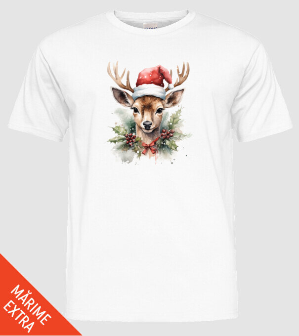 Festive Reindeer model alb pe tricou