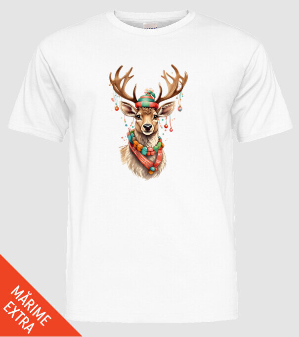 Festive Reindeer model alb pe tricou