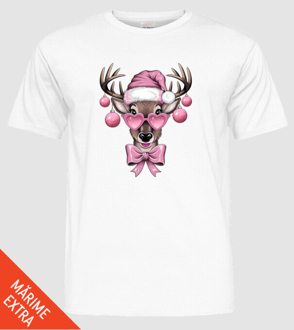 Pink Xmas Reindeer model alb pe tricou