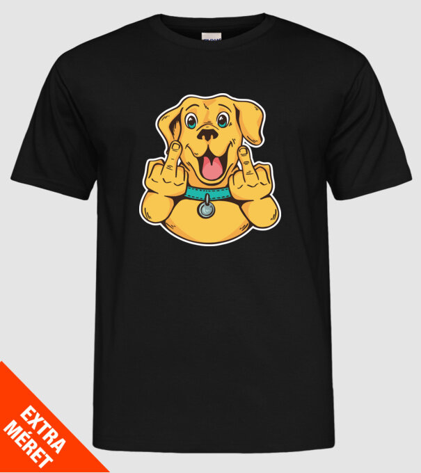 Golden Retriever arată degetul model negru pe tricou