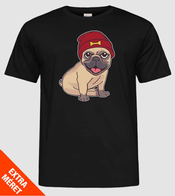 Mops cu șapcă model negru pe tricou