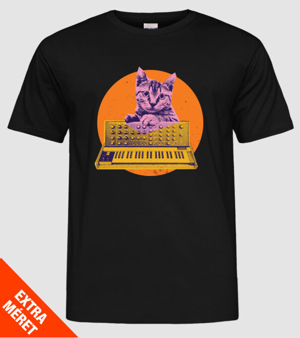 Pisică cu sintetizator model negru pe tricou